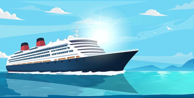 Un crucero de lujo navegando a través de un océano azul tranquilo bajo un cielo soleado. Ilustración vectorial