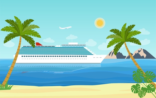 Crucero de lujo en el océano.Paisaje tropical con palmeras, mar y montaña.