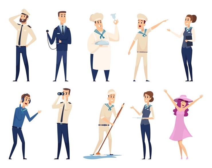 Crucero por mar. Capitán de vela oficial de transporte navegando por los personajes del equipo de viajes oceánicos de la tripulación. Ilustración tripulación crucero, marinero y contramaestre