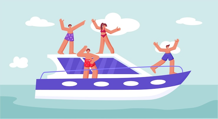 Vector crucero en yate viaje en barco de lujo personajes femenino y masculino saltan de vacaciones en el océano personas viajan en barco marítimo transporte acuático viaje marítimo de verano ilustración vectorial concepto reciente