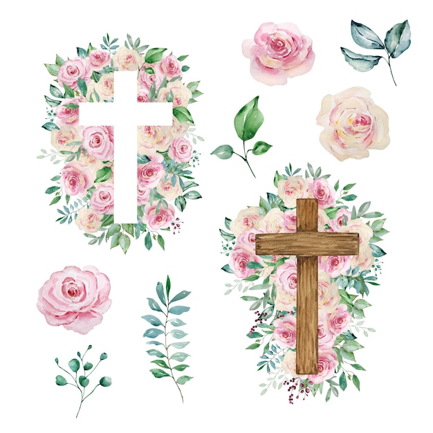 Vector cruces de acuarela decoradas con rosas símbolo religioso de pascua