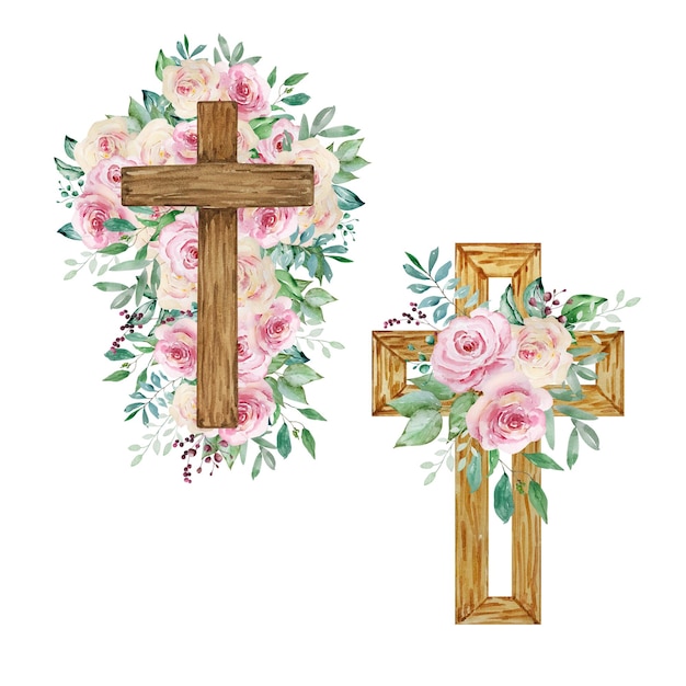 Vector cruces de acuarela decoradas con rosas símbolo religioso de pascua