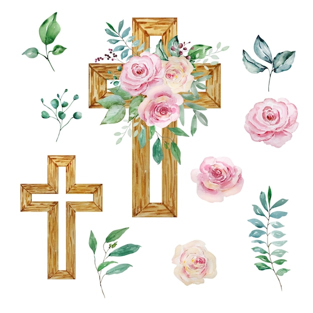 Vector cruces de acuarela decoradas con rosas símbolo religioso de pascua