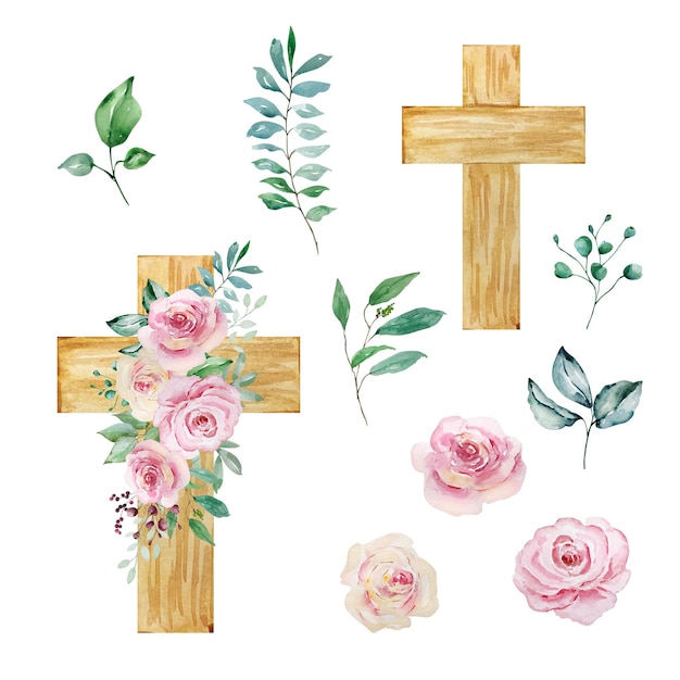 Cruces de acuarela decoradas con rosas Símbolo religioso de Pascua