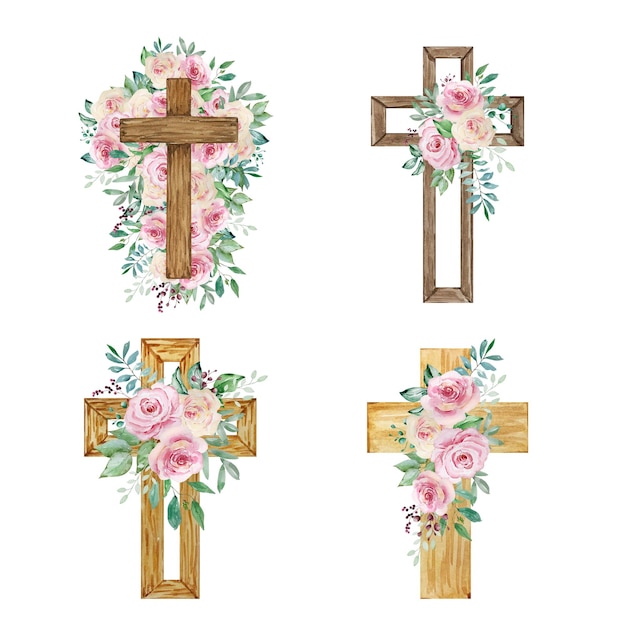 Vector cruces de acuarela decoradas con rosas símbolo religioso de pascua