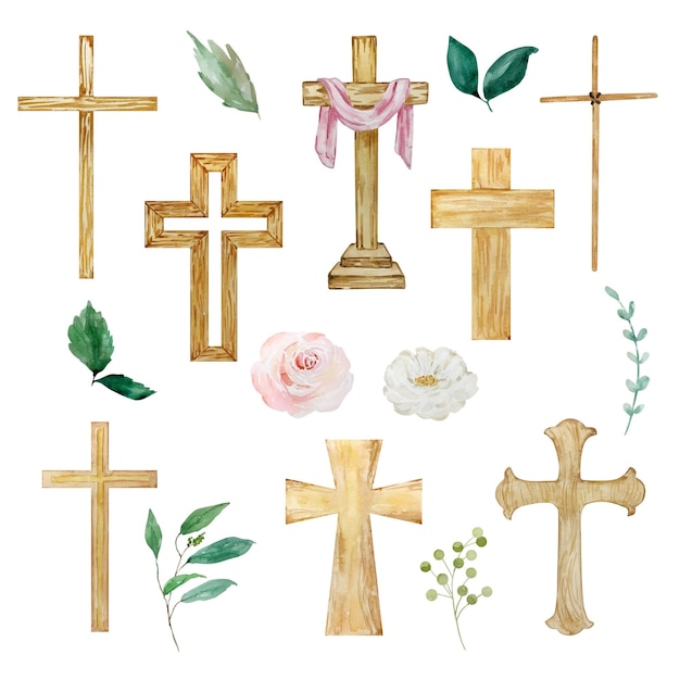 Cruces de acuarela y símbolo religioso floral de Pascua
