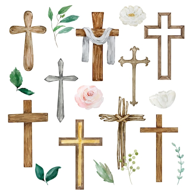 Vector cruces de acuarela y símbolo religioso floral de pascua