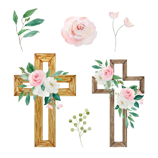 Cruces acuarelas decoradas con flores, símbolo religioso de pascua para el diseño de las fiestas de la iglesia