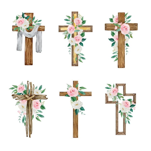 Cruces acuarelas decoradas con flores, símbolo religioso de Pascua para el diseño de las fiestas de la iglesia