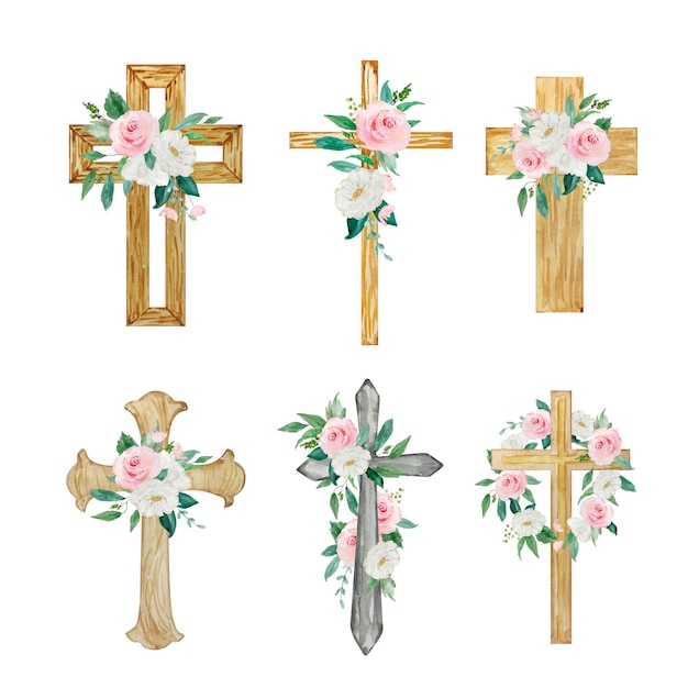 Cruces acuarelas decoradas con flores, símbolo religioso de Pascua para el diseño de las fiestas de la iglesia