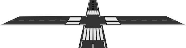 Cruces con cruces peatonales que dividen cuatro carreteras en la distancia creando un patrón geométrico contra un fondo blanco que simboliza la conexión urbana