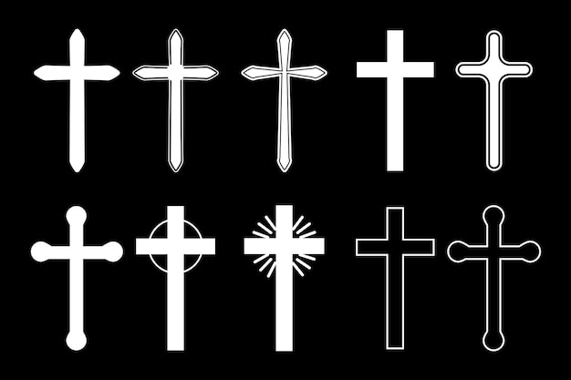 Cruces vectoriales dibujadas en pintura blanca Contornos del crucifijo de varias formas Símbolo cristiano Crucifijo católico