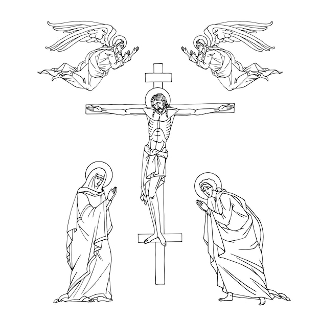 Crucifixión de Jesucristo en la cruz santa virgen maría apóstol juan y ángeles icono ortodoxo