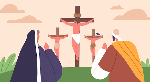 Vector crucifixión de jesús una profunda escena bíblica que representa el último sacrificio de jesús crucificado en la cruz