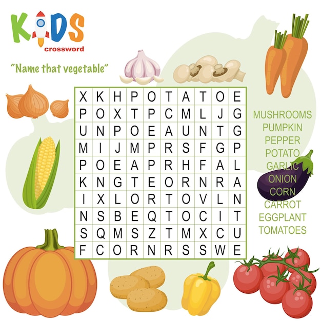 Crucigrama de búsqueda de palabras fácil Nombre ese vegetal para niños en la escuela primaria y secundaria Una forma divertida de practicar la comprensión del lenguaje y ampliar el vocabulario Incluye respuestas