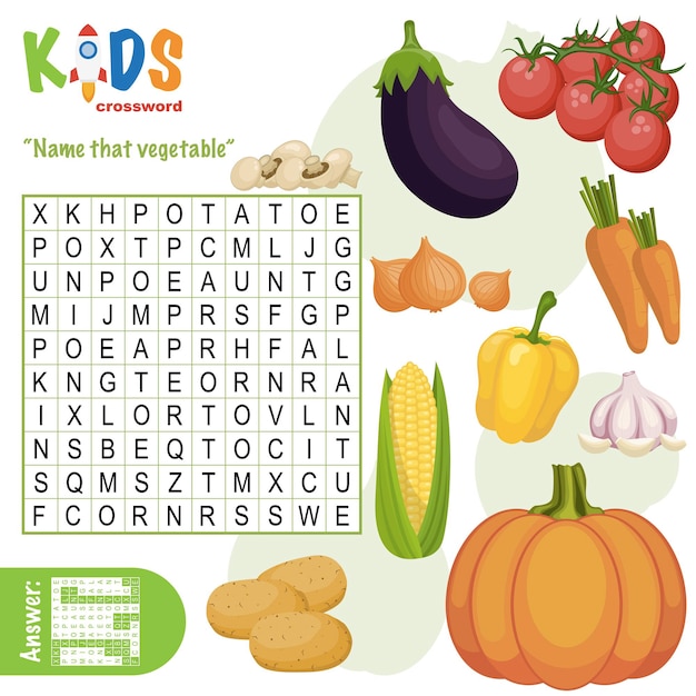 Vector crucigrama de búsqueda de palabras fácil nombre ese vegetal para niños en la escuela primaria y secundaria una forma divertida de practicar la comprensión del lenguaje y ampliar el vocabulario incluye respuestas