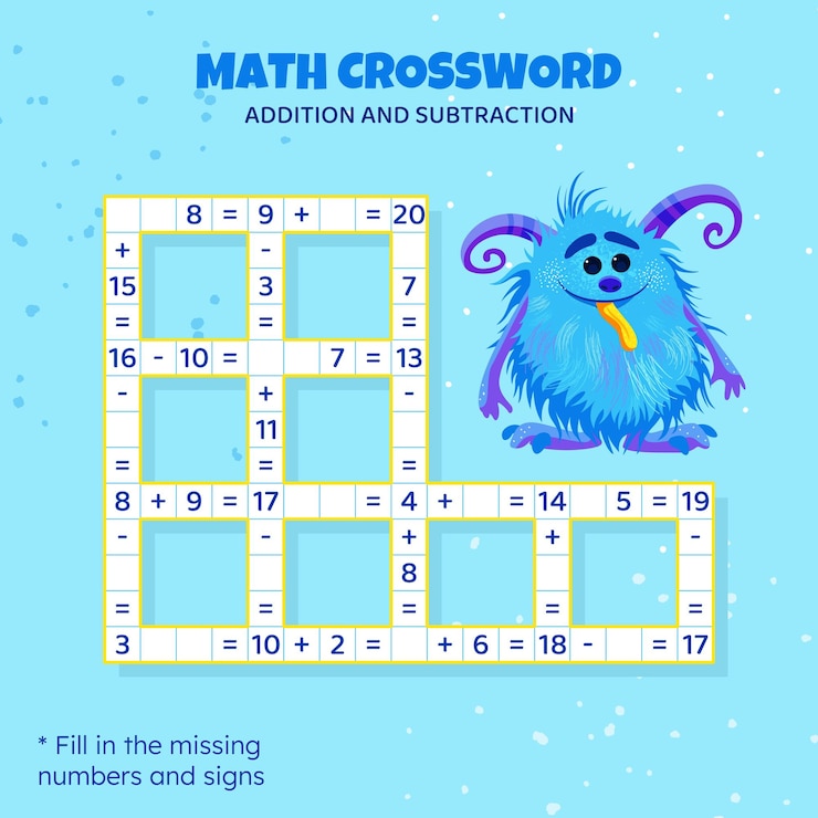 Vector crucigrama de matemáticas para niños suma y resta contar hasta 20 juego para niños