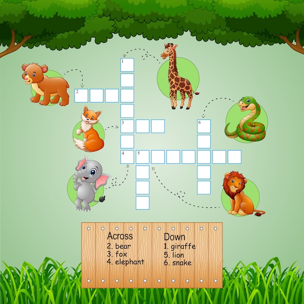 Crucigramas de animales para juegos infantiles.