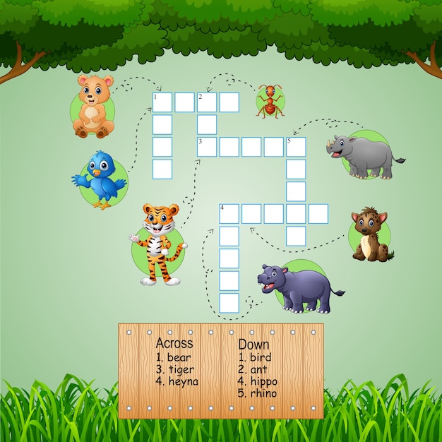 Vector crucigramas de animales para juegos infantiles.