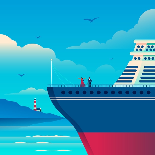 Cruise ship at sea with couple, lighthouse and gulls