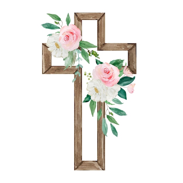 Cruz de acuarela decorada con flores símbolo religioso de pascua