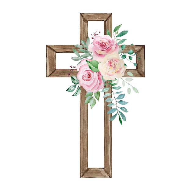 Vector cruz de acuarela decorada con rosas símbolo religioso de pascua