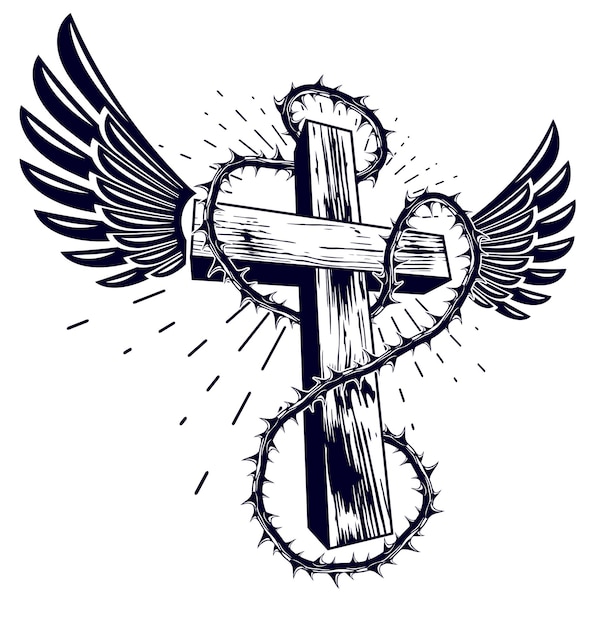 Cruz cristiana con logotipo de religión de vector de espina de endrino o tatuaje, pasión de Cristo.