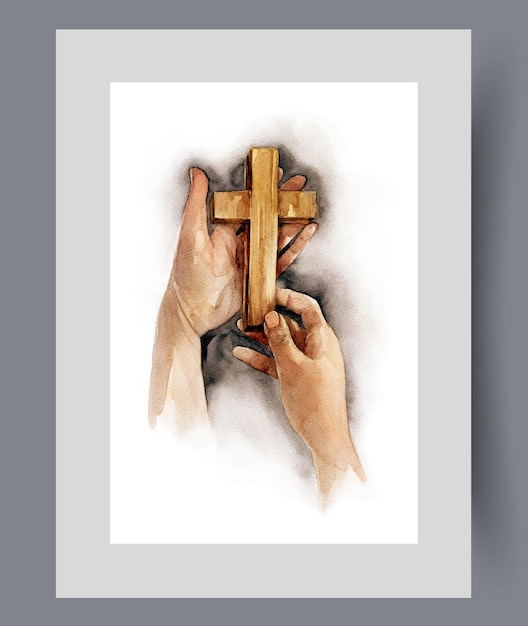 Cruz cristiana de madera o crucifijo en manos de un creyente en una obra de arte de acuarela impresa