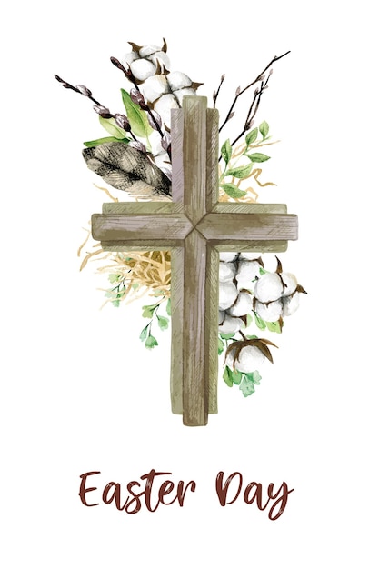 Cruz cristiana de pascua con elementos florales, decoración de pascua, ilustración acuarela dibujada a mano