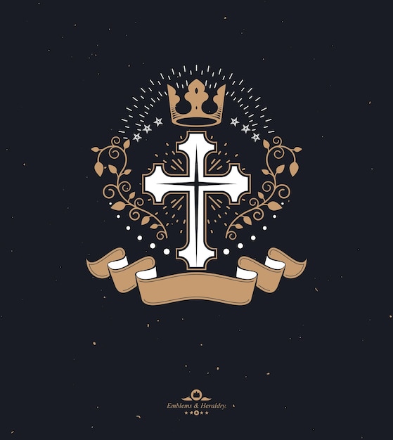 Cruz Emblema gráfico religioso creado con corona imperial y adornos florales, crucifixión cristiana. Escudo de armas heráldico, logo vector vintage decorado con cinta hermosa.