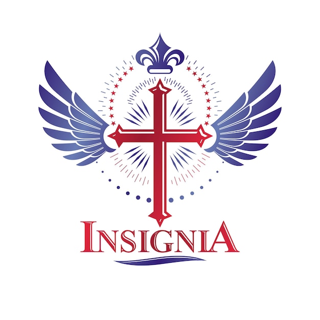 Cruz del emblema de la religión cristiana compuesto por alas de pájaro y flor de lirio real. Logotipo decorativo del escudo de armas heráldico aislado ilustración vectorial. Ángel guardian.