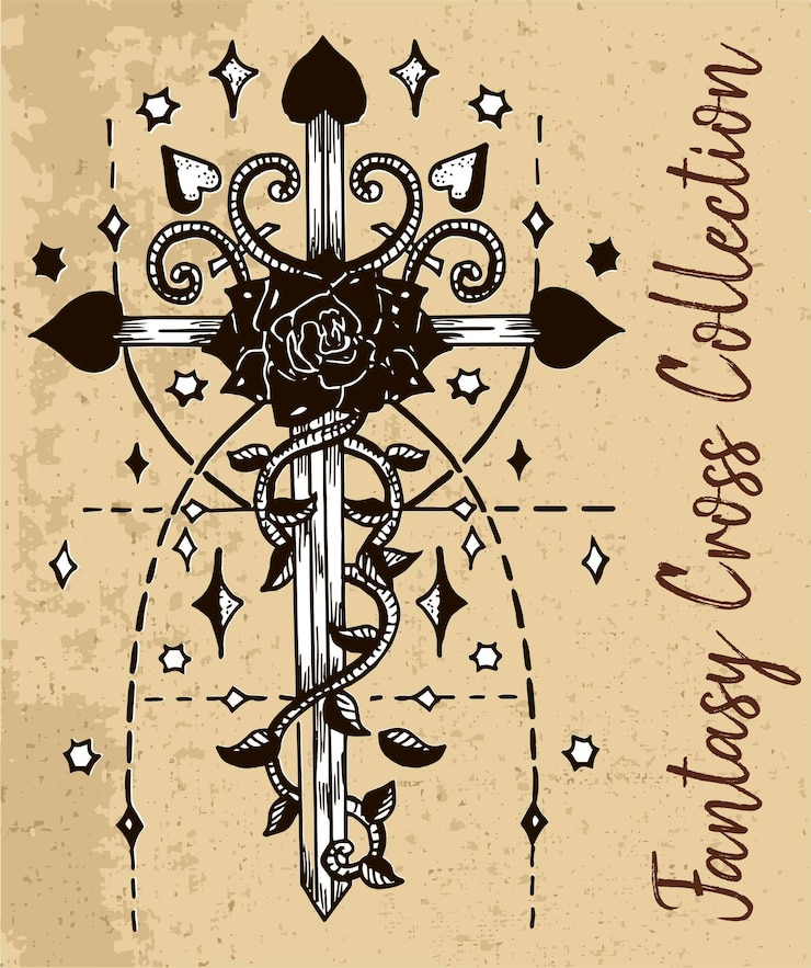 Vector cruz de fantasía con flor de rosa patrón de geometría sagrada y estrellas