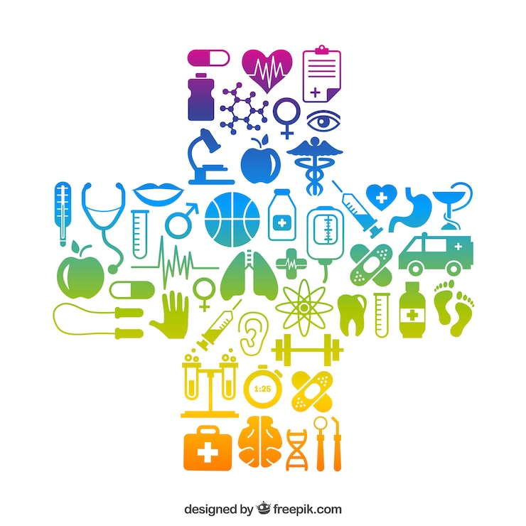 Vector cruz hecha de iconos médicos