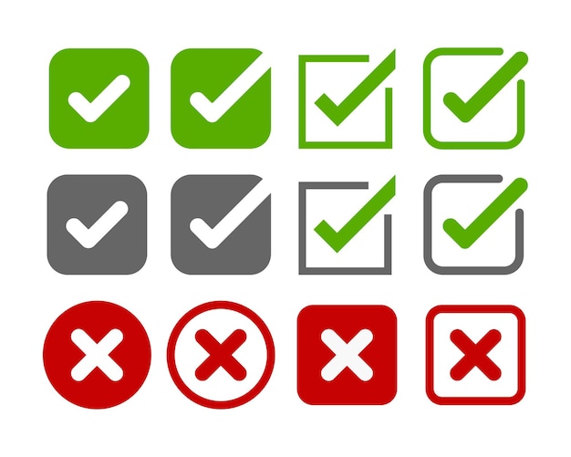 Cruz incorrecta o rechazada una marca de verificación roja y una marca de verificación verde correcta o aprobada sobre un fondo blanco