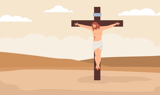 Cruz con Jesucristo crucificado en la ilustración de vector plano de color del desierto