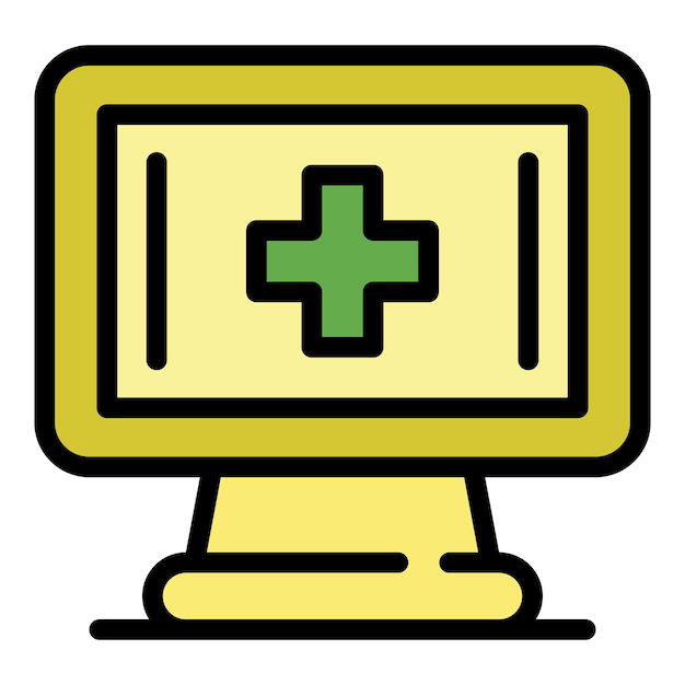 Cruz médica en el icono del monitor Contorno de la cruz médica en el ícono vectorial del monitor Color plano aislado