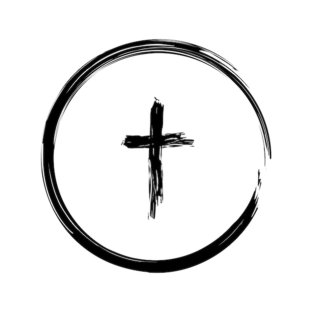 Cruz de trazo de pincel Marco grunge circular Vector de símbolos religiosos Diseño de tinta en blanco y negro