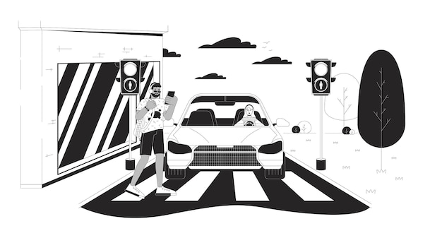 Cruzando la carretera a la luz roja ilustración plana de dibujos animados en blanco y negro