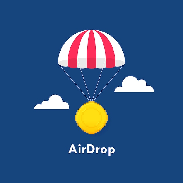 Crypto airdrop con paracaídas y moneda concepto de regalo y promoción de monedas criptográficas y nft