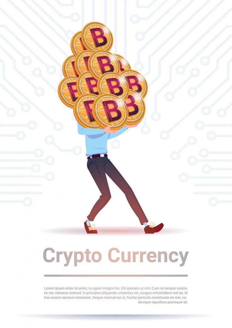 Vector crypto currency concept man holding pila de bitcoin dorado sobre fondo de circuito de placa base