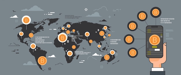 Crypto currency network concept mano sosteniendo teléfono inteligente sobre bitcoins dorado en el mapa mundial