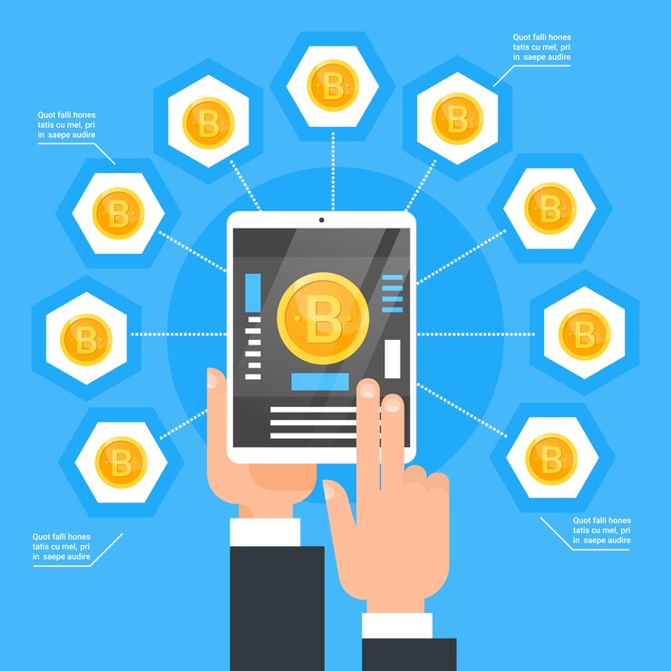 Vector crypto currency technology bitcoin exchange concept hand holding digital tablet comprar web modern money