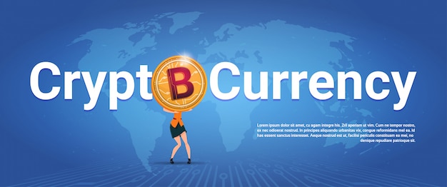 Crypto moneda banner horizontal mujer sosteniendo oro bitcoin sobre fondo de mapa mundial