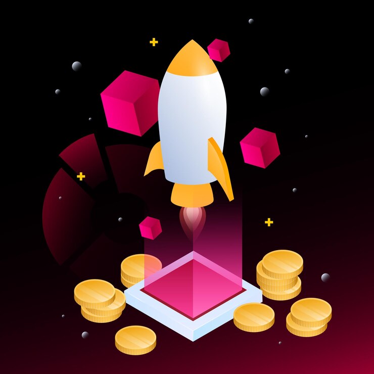 Vector crypto rocket ilustración cubos isométricos y monedas sobre fondo oscuro