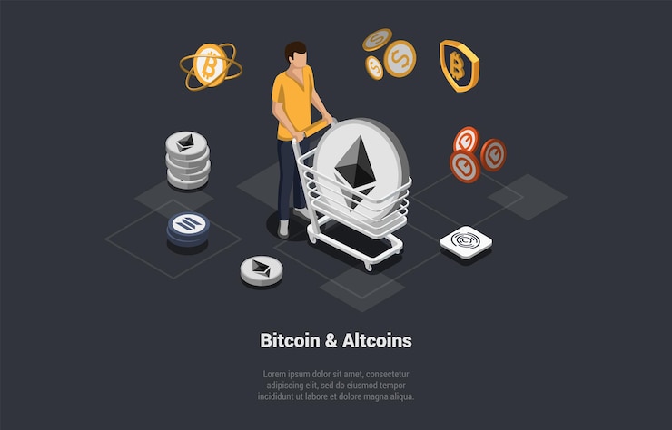Vector cryptocurrency bitcoin y altcoins transaction blockchain technology cryptocurrency mining character lleva un enorme logotipo de ethereum cryptocurrency en trolley isometric 3d vector illustration