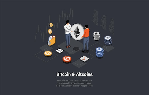 Cryptocurrency Bitcoin y Altcoins Transaction Blockchain Technology Cryptocurrency Mining Digital Money Characters Hold Enorme logotipo de Ethereum Cryptocurrency Isométrico 3d Vector Ilustración