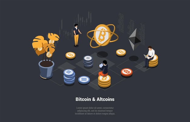 Cryptocurrency Bitcoin y Altcoins Transaction Blockchain Technology Cryptocurrency mining Dinero digital Personajes que invierten dinero fiduciario en Cryptocurrency Isométrico 3d Vector Ilustración