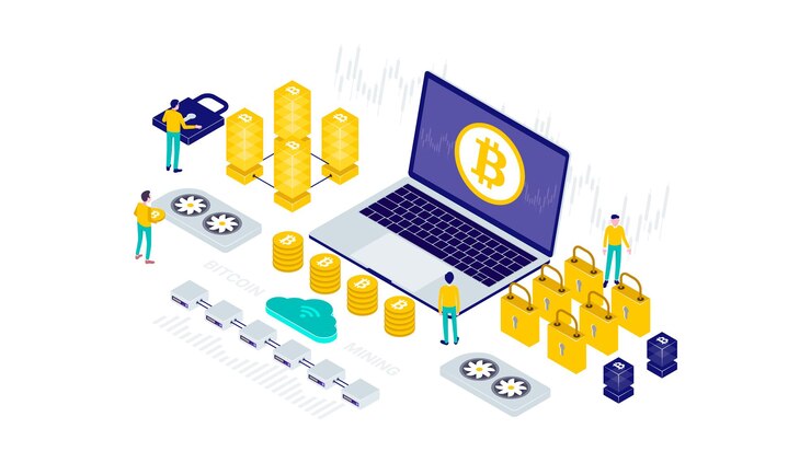 Vector cryptocurrency bitcoin blockchain tecnología minera internet iot panel de seguridad isométrico 3d ilustración plana.