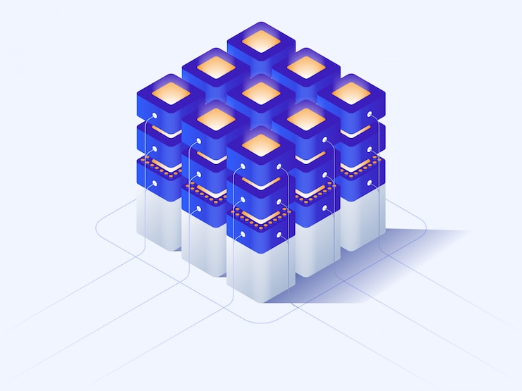 Vector cryptocurrency y composición isométrica de blockchain, crypto start.