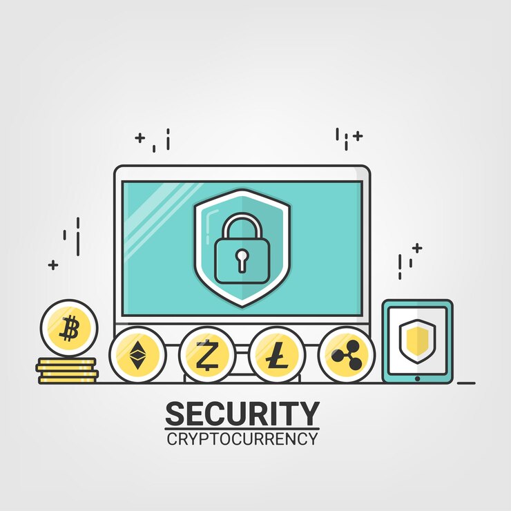 Vector cryptocurrency con tecnología de red blockchain seguridad del concepto de blockchain estilo de arte de línea delgada